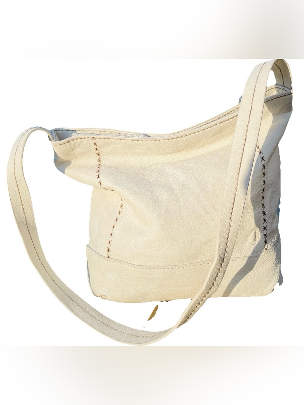 Vtg The Sak Cream Pebbled Leather Hobo Shoulder Bag Ivory Boho Stitch Zipper